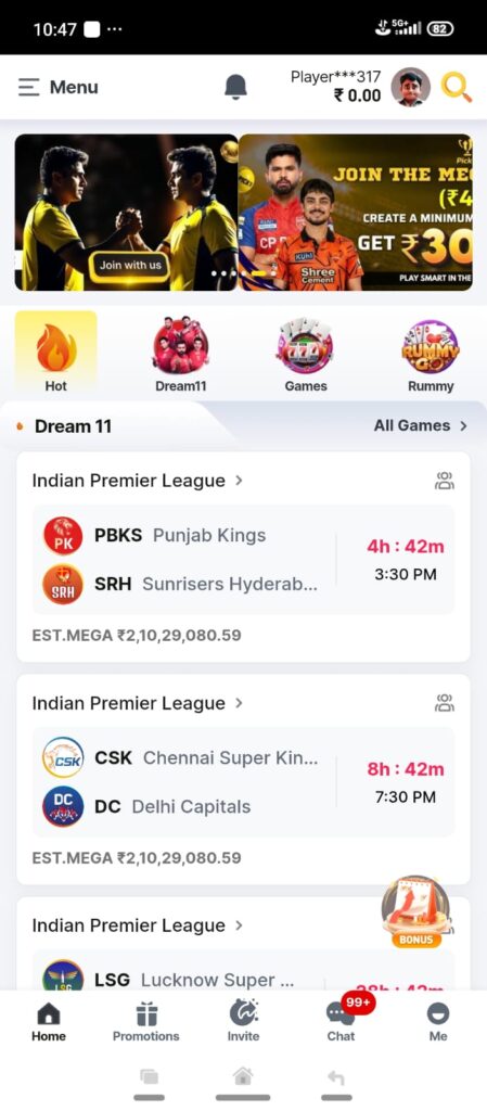 Pick11 fantasy sports app interface with cricket and football team