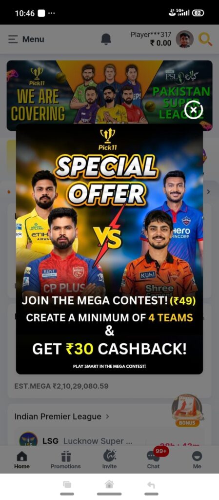 Pick11 fantasy sports app interface with cricket and football team